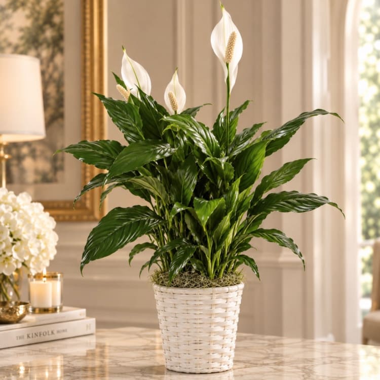 White peace lilies in a white woven basket planter