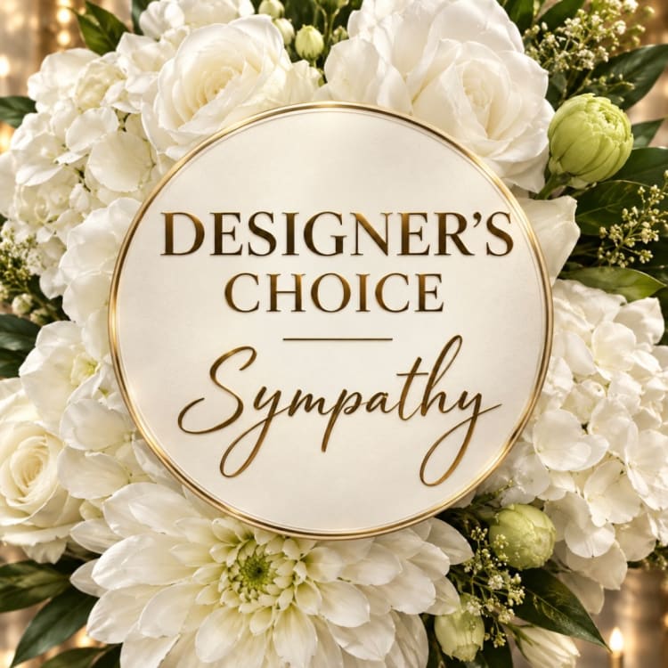 White sympathy floral arrangement with a round designer choice sign
