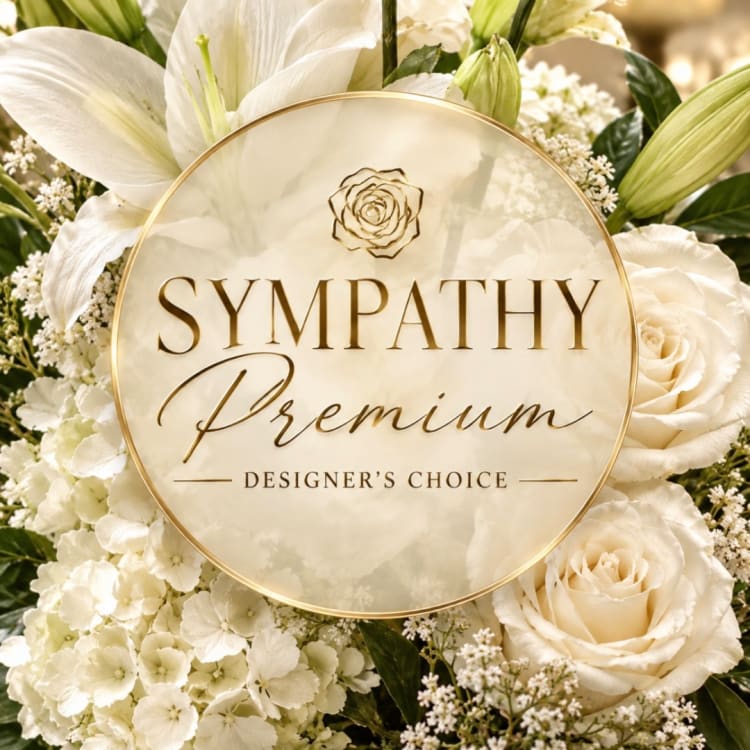 White sympathy floral arrangement with roses, lilies, and hydrangeas