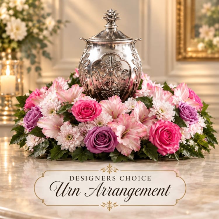 Pink and lavender floral urn arrangement with a silver vase