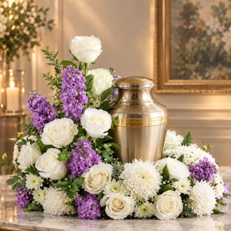 White roses and purple flowers arranged around a gold urn