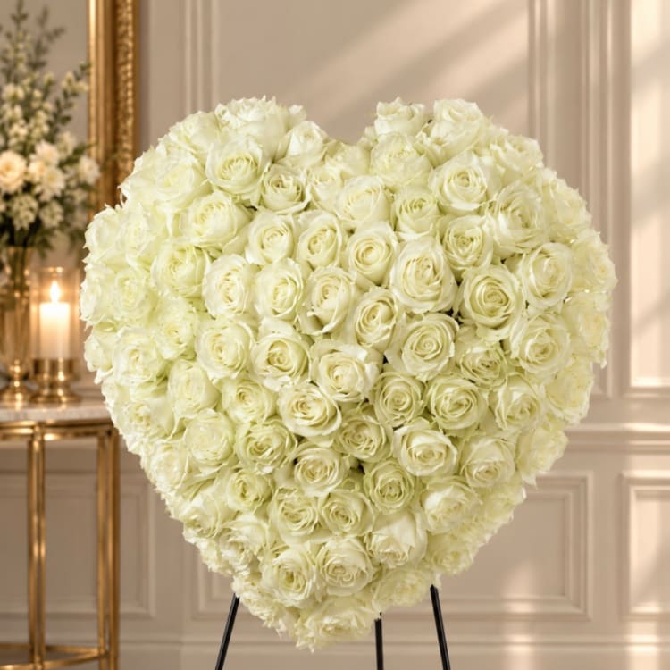 Heart-shaped arrangement of white roses on a stand