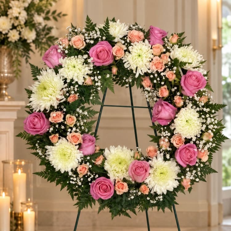 Heart-shaped floral wreath with pink roses and white chrysanthemums on an easel