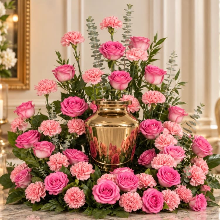 Pink roses and carnations arranged around a gold urn vase