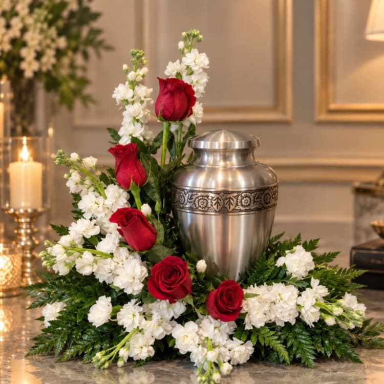 Red roses and white flowers arranged around a silver urn