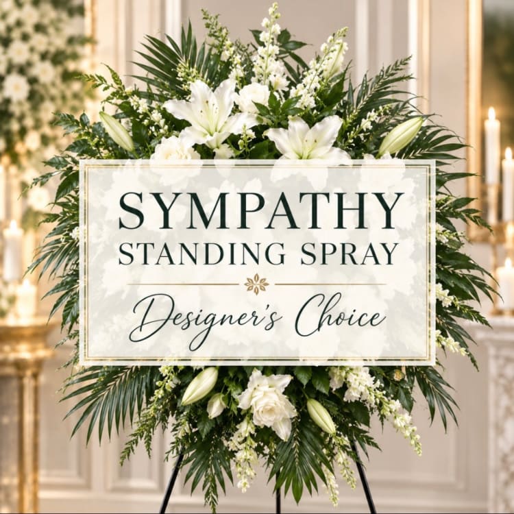 White sympathy standing spray with lilies and roses on an easel