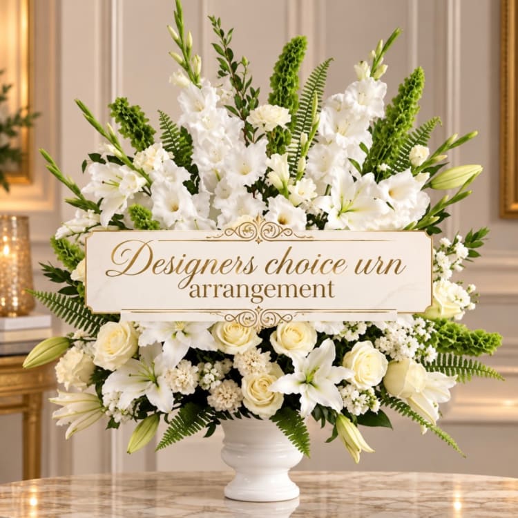 White floral urn arrangement with lilies and roses in a white vase