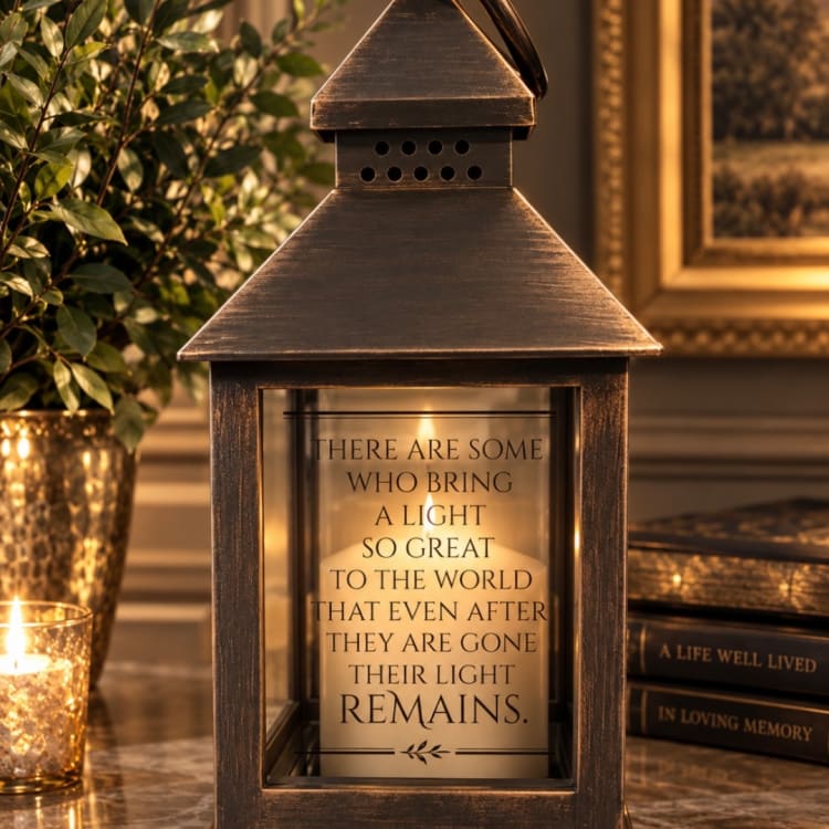 Bronze lantern with a memorial candle and a potted plant beside it.
