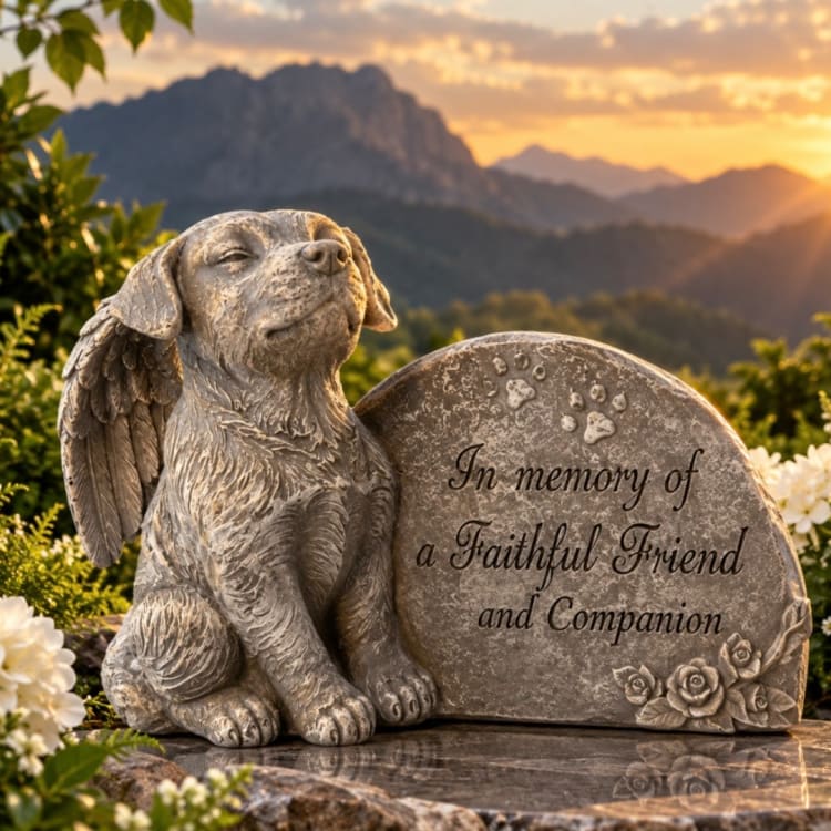Memorial dog statue beside a stone plaque with engraved text
