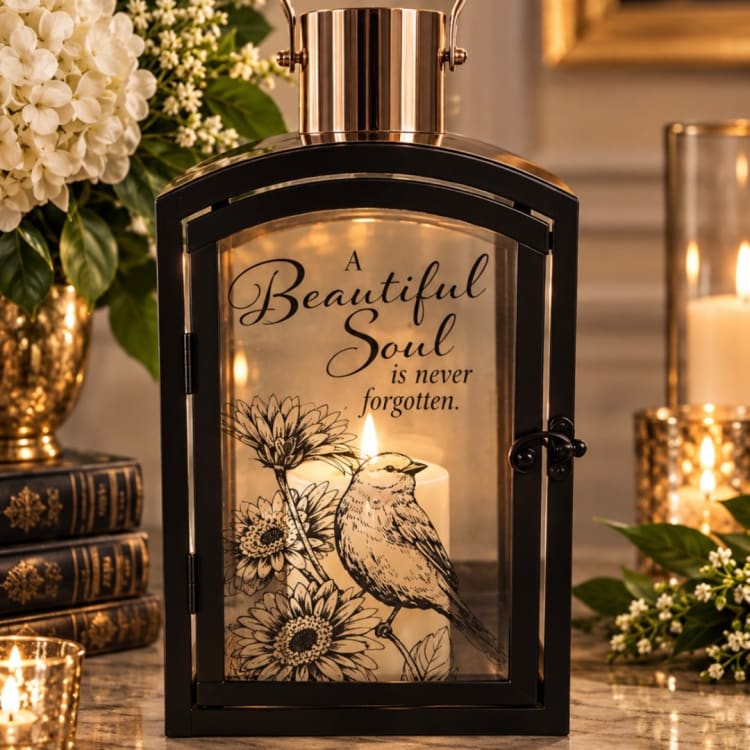 Black memorial lantern with a lit candle and the words "A Beautiful Soul is never forgotten."