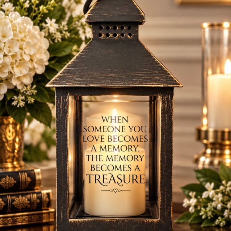 Black lantern with a memorial candle and white flowers beside it