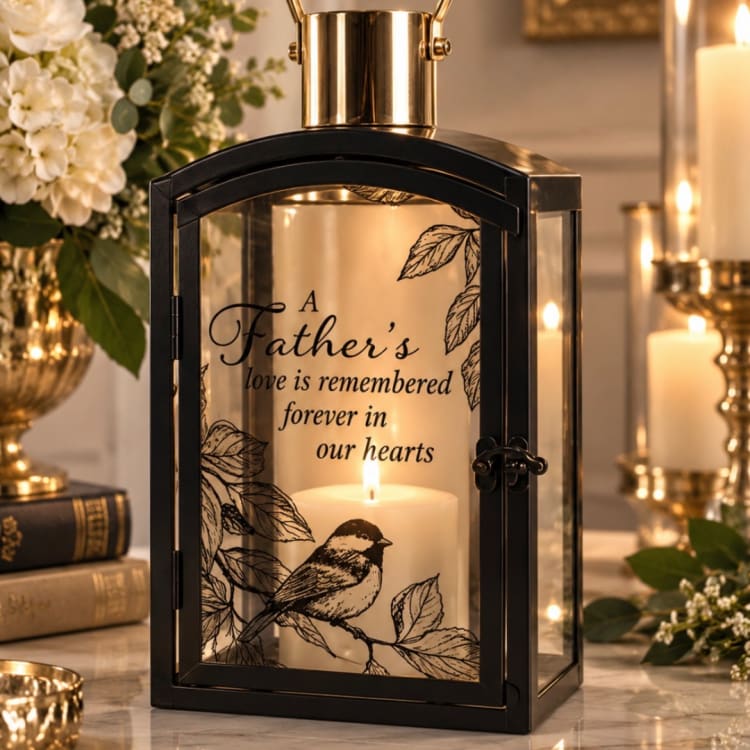 Black lantern candle with memorial text and bird design