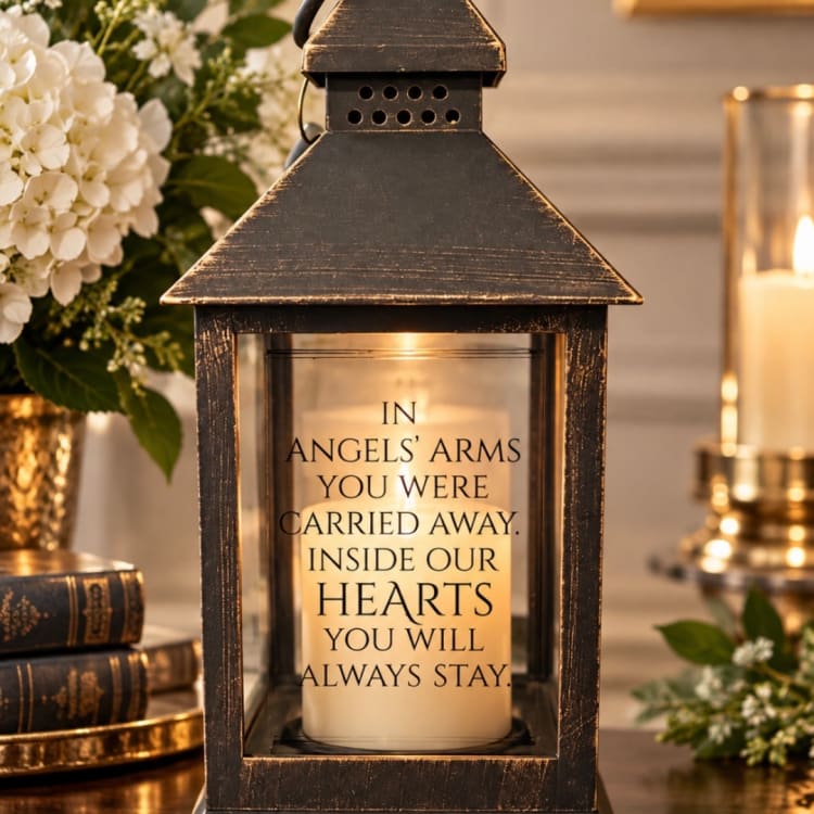 Lantern candle with memorial text beside white flowers