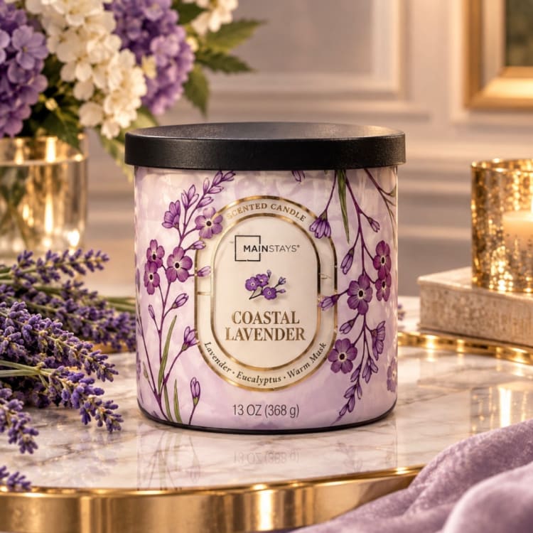 Lavender scented candle in a black-lidded jar with purple floral print