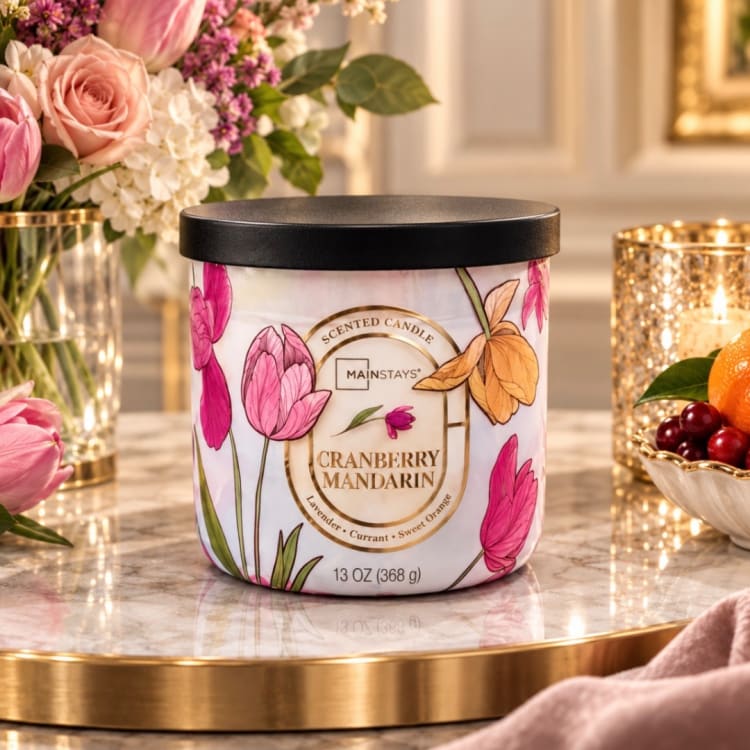 Scented candle in a floral jar with a black lid on a table