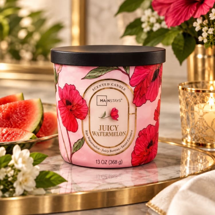 Pink floral scented candle in a black-lidded jar