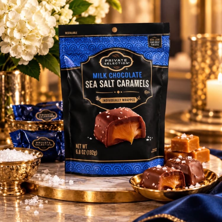 Bag of milk chocolate sea salt caramels with wrapped candies and flowers nearby