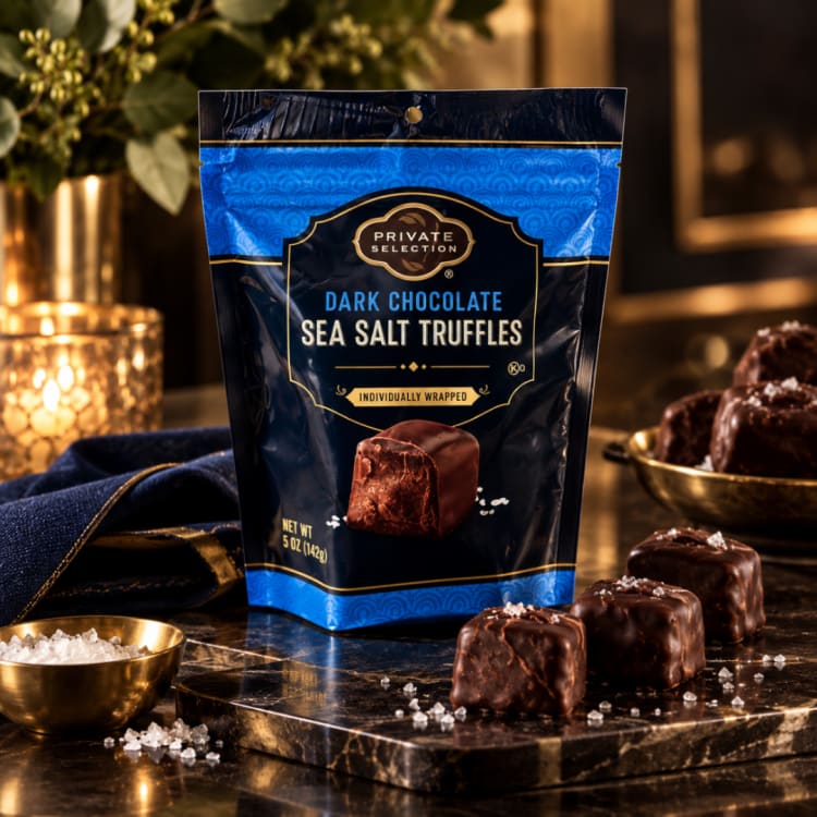 Bag of dark chocolate sea salt truffles with several chocolates on a tray