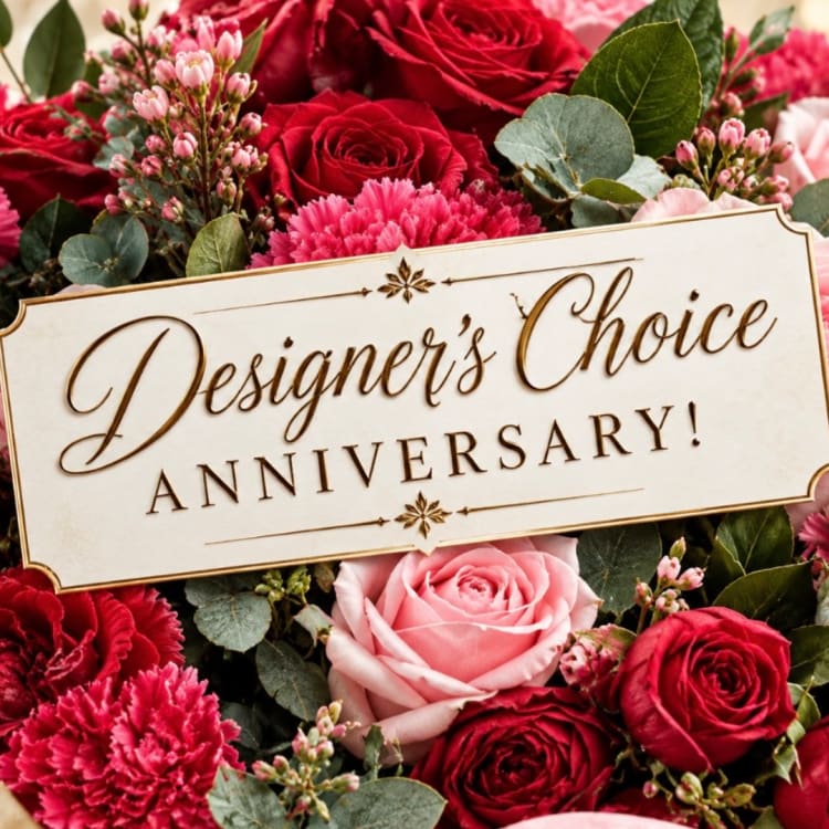 Red and pink roses with carnations around an anniversary sign