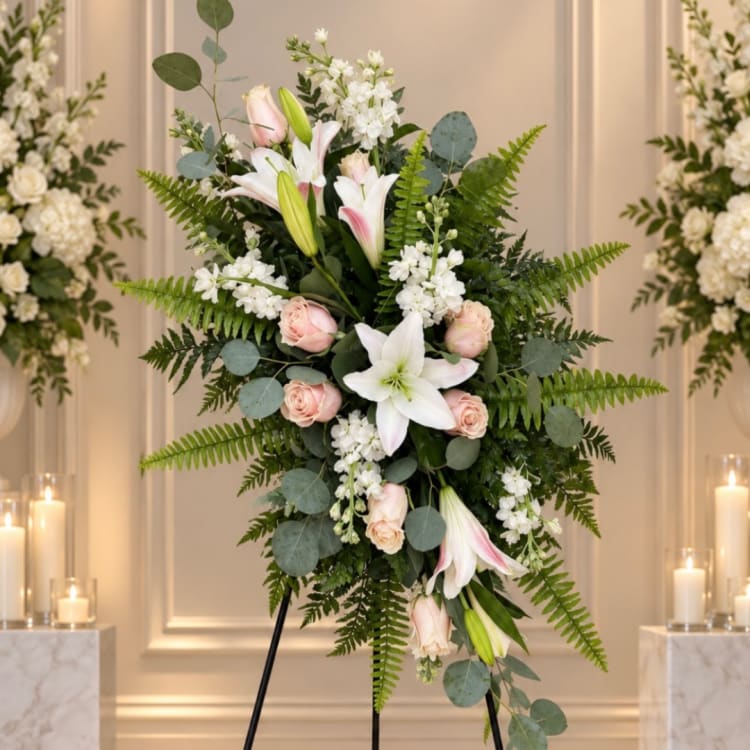 Standing floral spray with white lilies, pale pink roses, and greenery on an easel