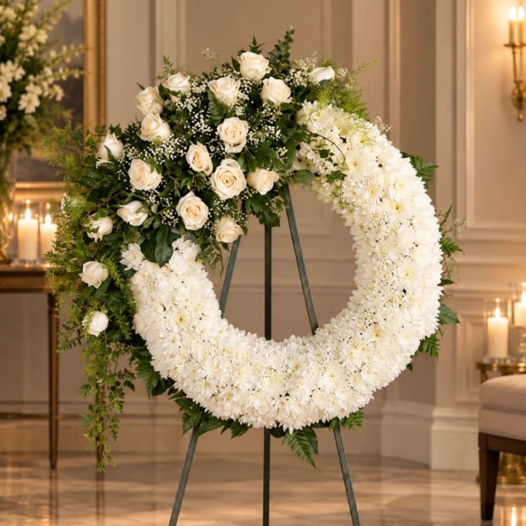 White floral funeral wreath on an easel with roses and chrysanthemums