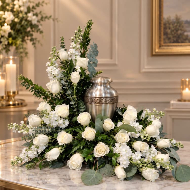 White rose arrangement with a silver urn centerpiece