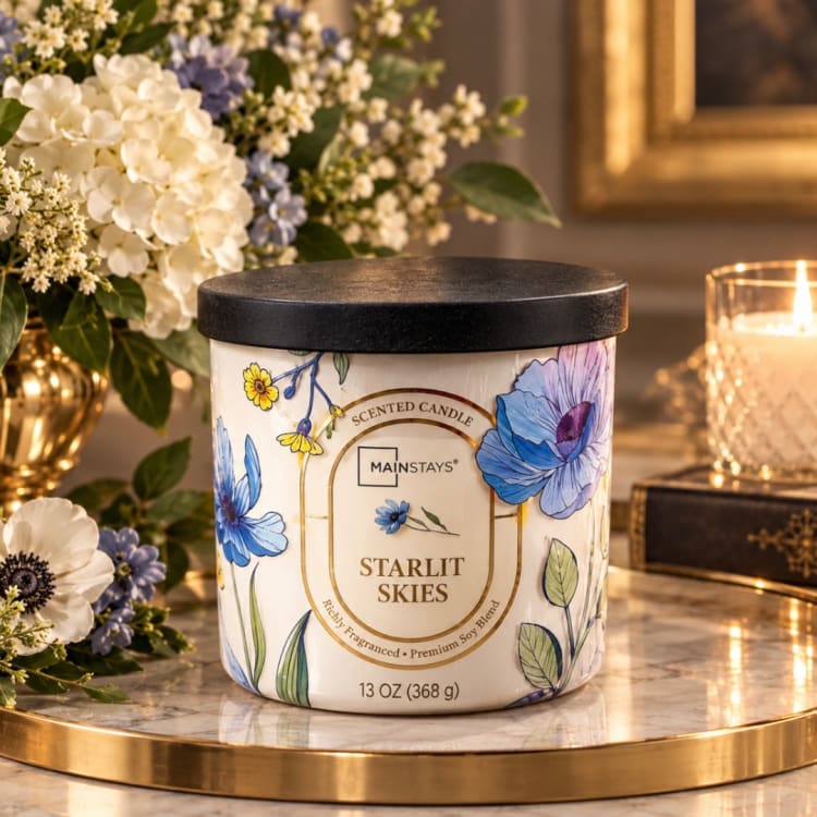 Floral-scented candle in a decorated jar with a black lid
