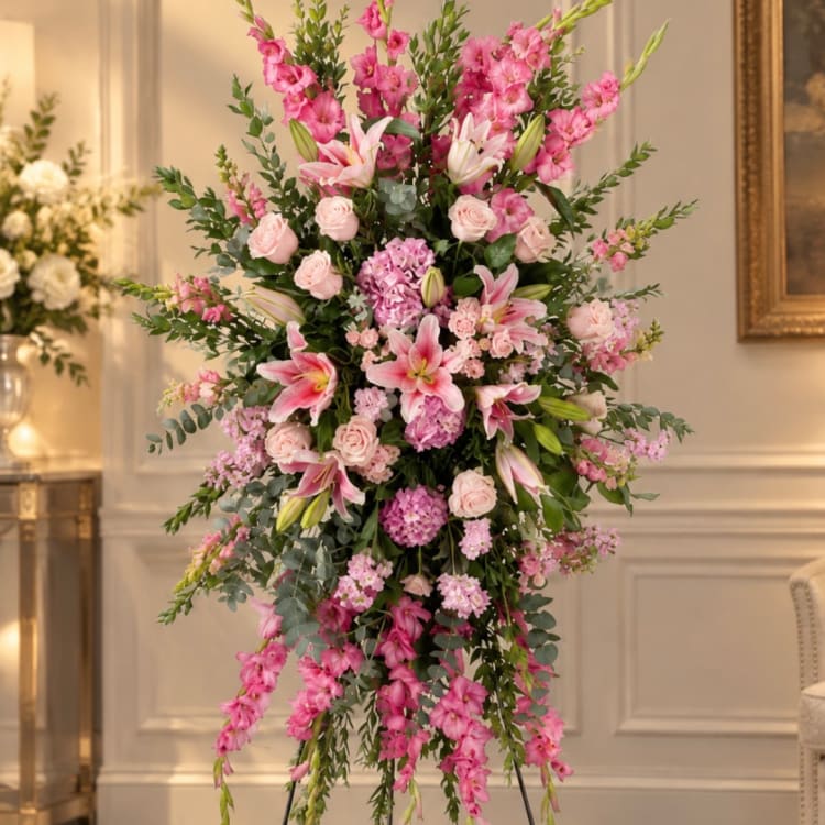 Tall pink floral standing arrangement with lilies and roses