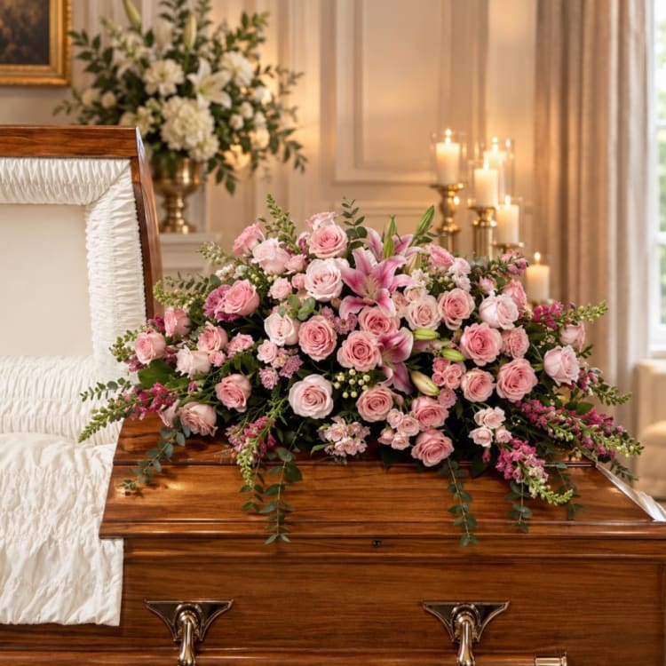 Pink rose and lily casket spray on a wooden casket
