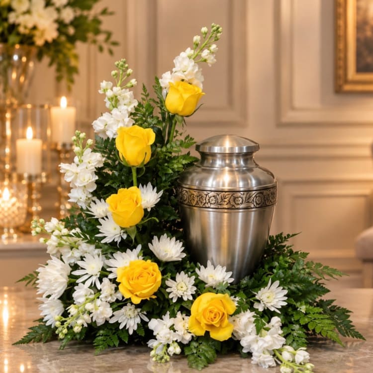 Yellow roses and white flowers arranged around a silver urn