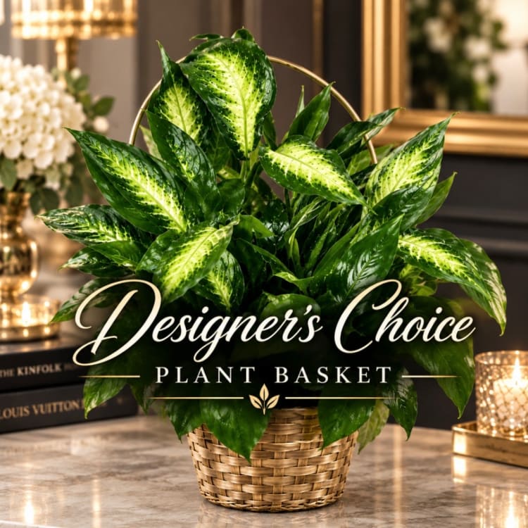 Potted green plant in a woven basket with a decorative metal handle