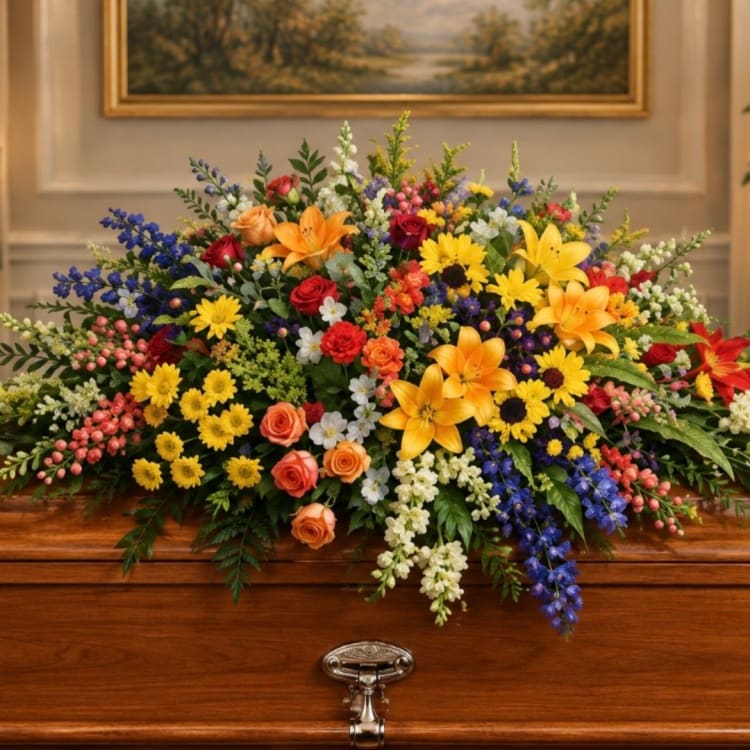 Colorful floral casket spray with lilies, roses, and daisies