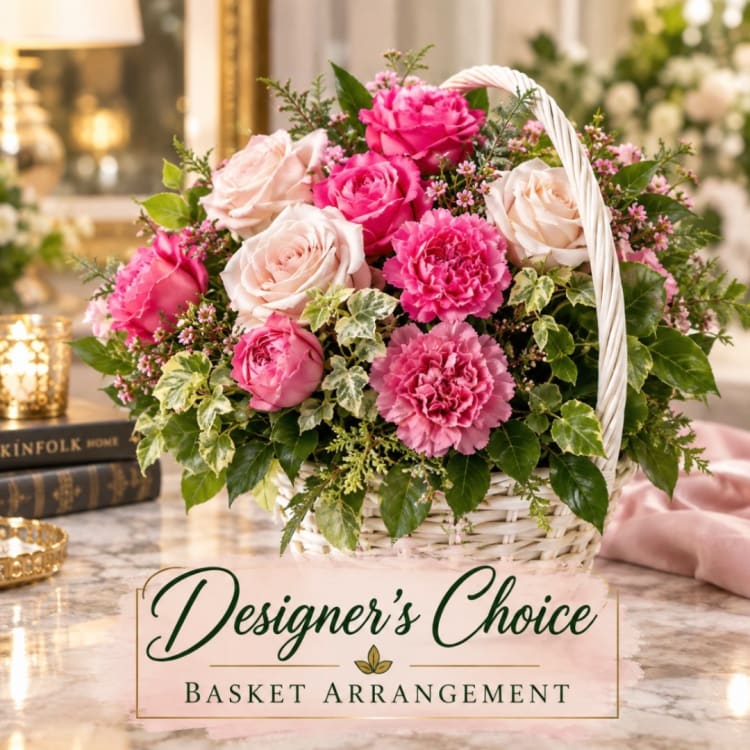 Pink and blush roses with carnations in a white basket