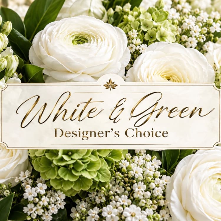 White ranunculus and green blooms with a designer's choice label