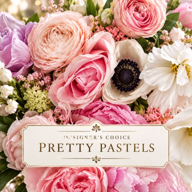Pastel bouquet with pink, peach, purple, and white blooms