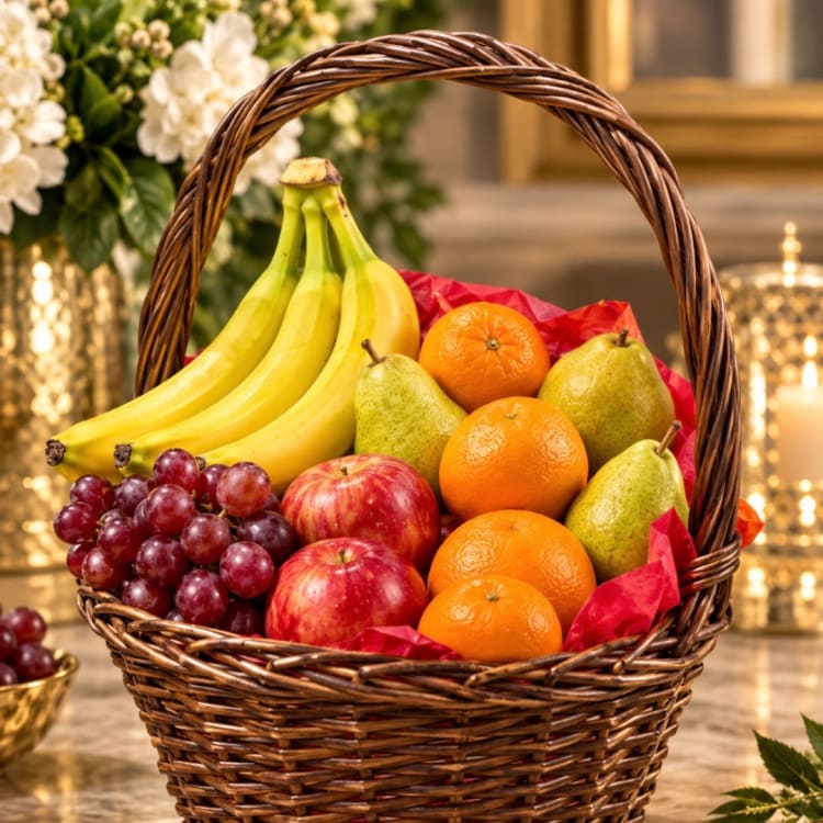 Fruit basket with bananas, pears, oranges, apples, and grapes