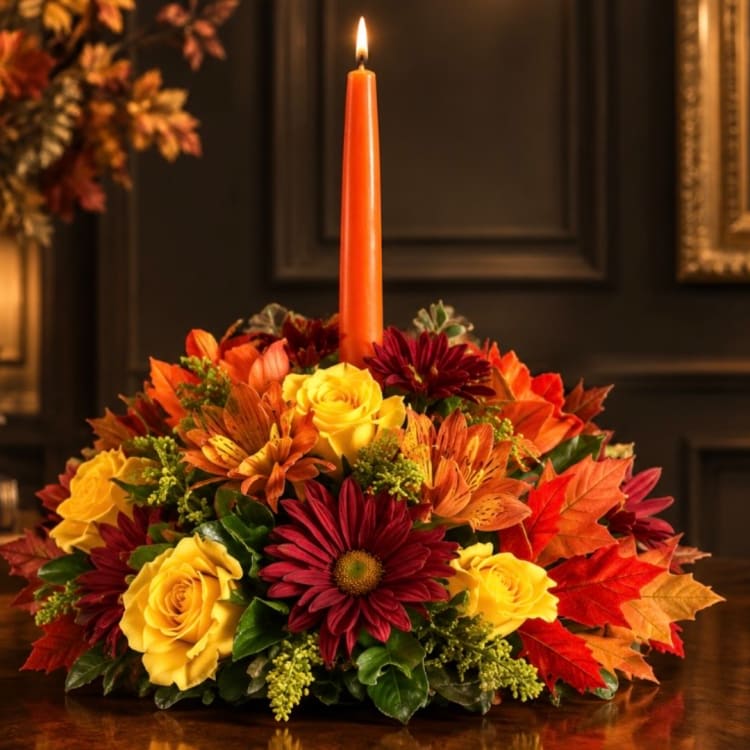 Autumn floral centerpiece with a tall orange candle and yellow roses