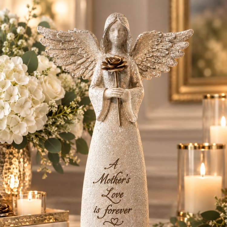 Angel figurine holding a rose beside white flowers and lit candles
