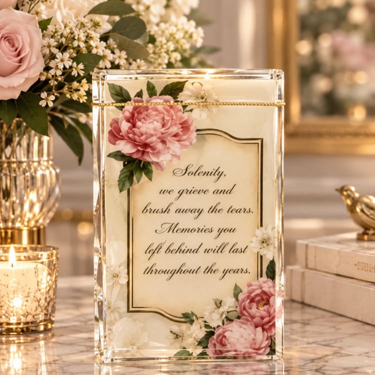 Clear acrylic sympathy plaque with pink flowers and a memorial message