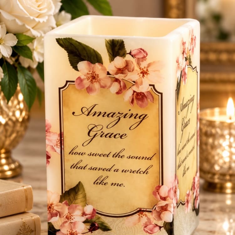 Decorative square candle holder with floral print and text