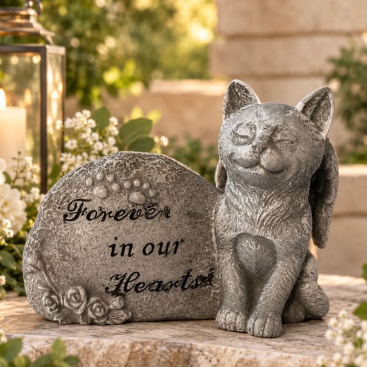 Stone cat memorial figurine with engraved text beside a lantern