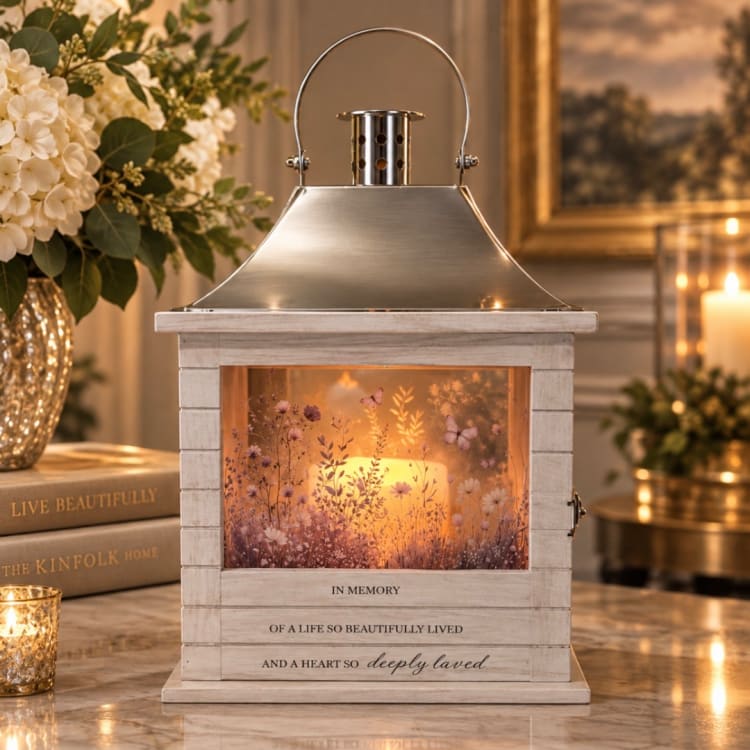 Memorial lantern with a candle and floral scene inside