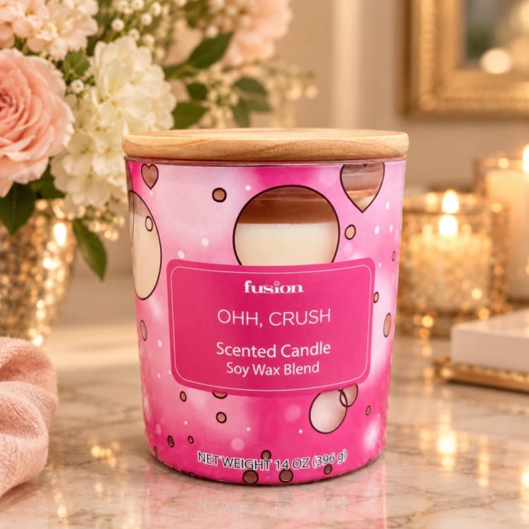Pink scented candle in a glass jar with a wooden lid