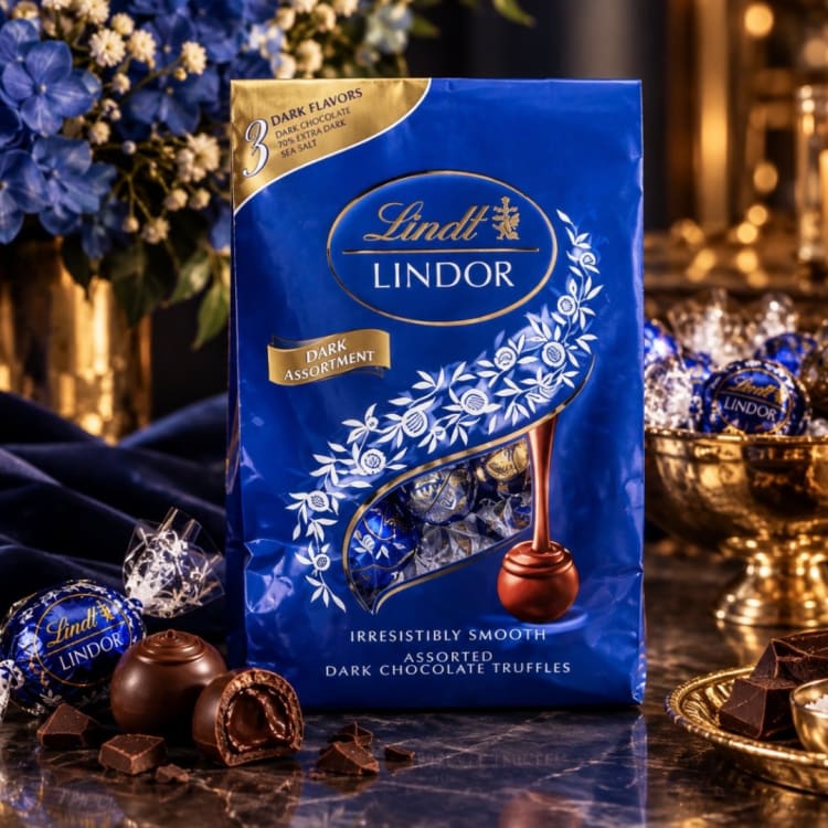 Bag of Lindt dark chocolate truffles with wrapped chocolates and flowers nearby