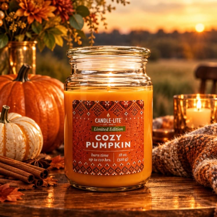 Pumpkin-scented candle in a glass jar on a wooden table with autumn decor