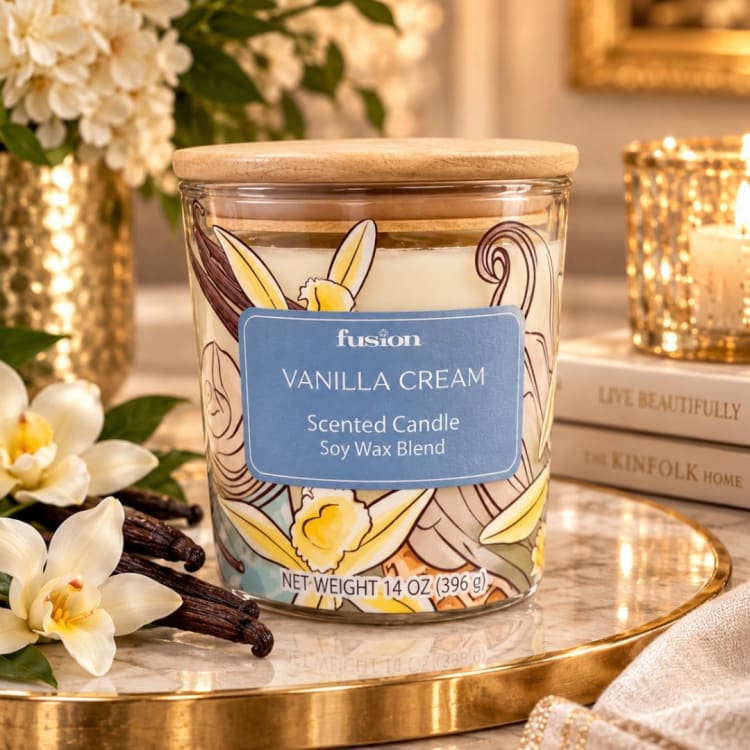 Vanilla cream scented candle in a glass jar with a wooden lid