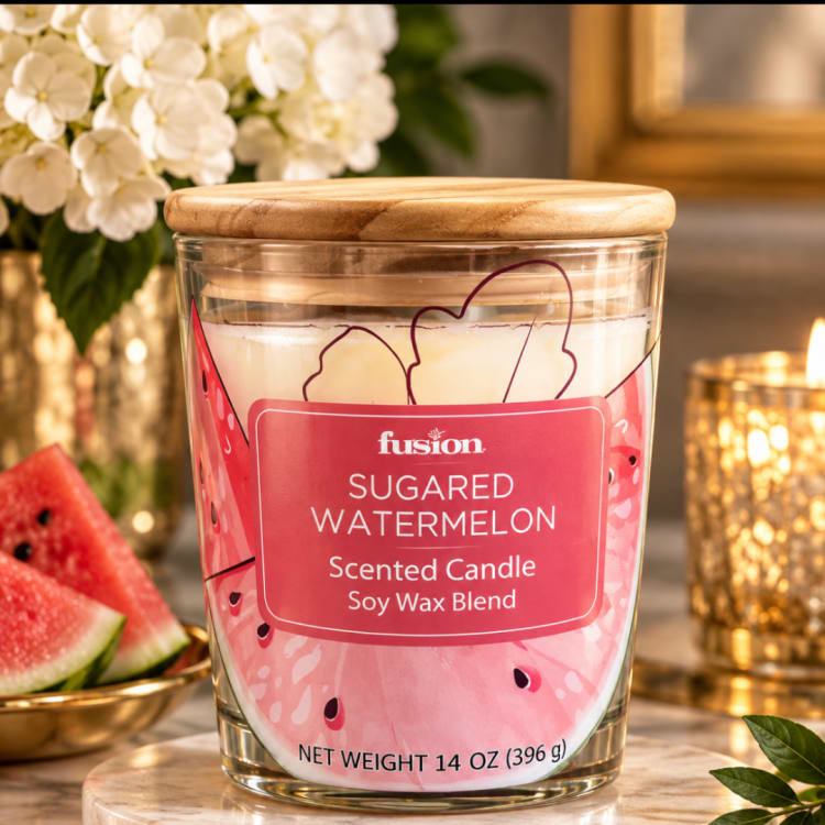 Watermelon scented candle in a glass jar with a wooden lid