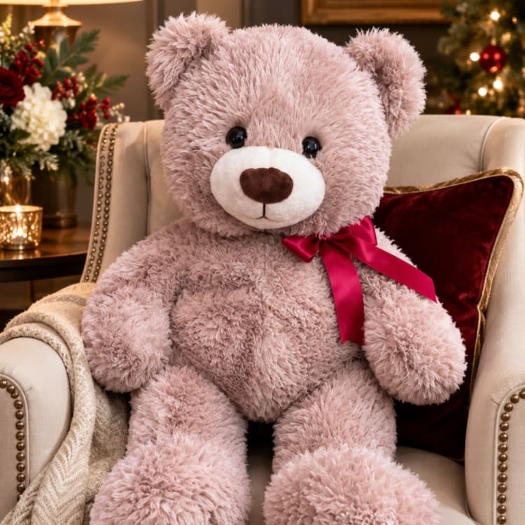 Pink teddy bear with a red ribbon sitting on an armchair