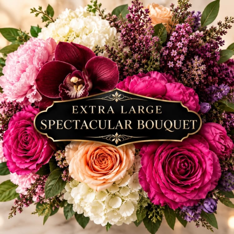 Large bouquet of pink, white, and peach flowers with a dark orchid centerpiece