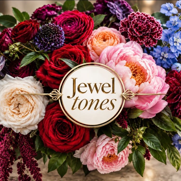 Mixed bouquet of roses, peonies, and blue flowers with a Jewel tones sign